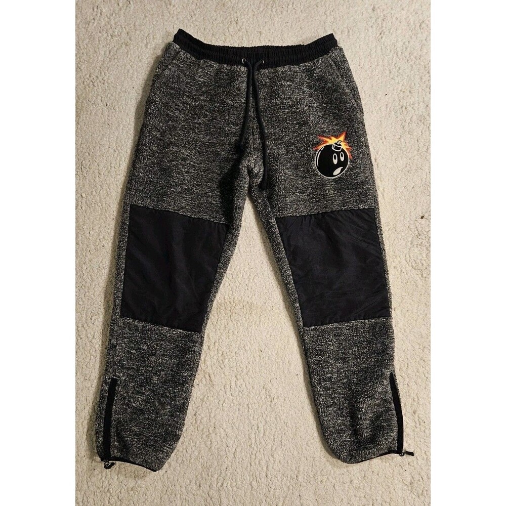 The Hundreds Mens Large Fleece Jogger Pants Charcoal Grey Adam Bomb Patch